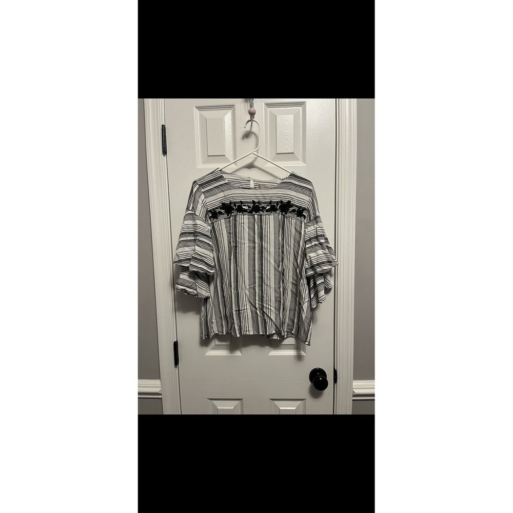 Loft Women Large Striped Floral Embellished Blouse 3/4 Ruffle Sleeve Top Black